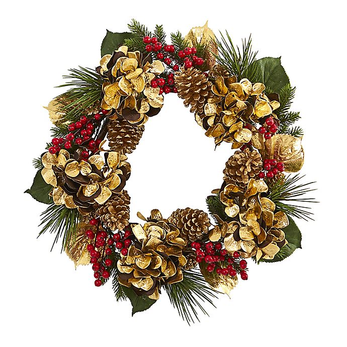 Nearly Natural Golden Hydrangea Berries and Pine Wreath 24Inch